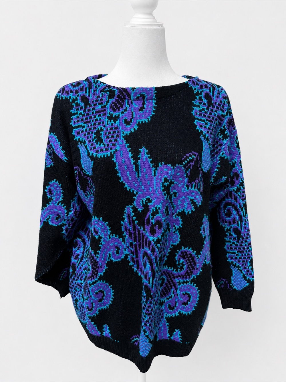 Vintage Jamie Scott Black Purple Turquoise Paisley Knit Sweater-Size small Retro